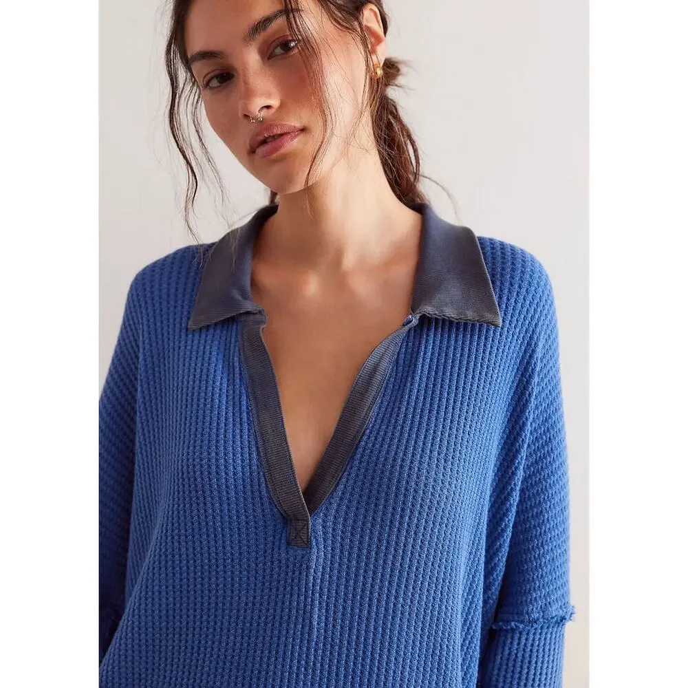 Free People Women's Travis Waffle Knit Polo Sweater Blue Size S NWOT
